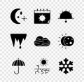 Set Moon and stars, Calendar sun, Sunset, Umbrella, Drought, Snowflake, Icicle and Fog cloud icon. Vector Royalty Free Stock Photo