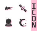 Set Moon and stars, Falling, Astronaut helmet and Satellite icon. Vector