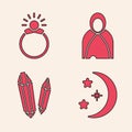 Set Moon and stars, Magic stone ring with gem, Mantle, cloak, cape and Magic stone icon. Vector