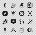 Set Moon and stars, Magic wand, Ancient magic book, Witch hat, staff, stone, and Pentagram in circle icon. Vector Royalty Free Stock Photo