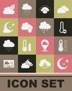 Set Moon and stars, Meteorology thermometer, Sunrise, Cloud with rain, moon, Rainbow clouds and icon. Vector