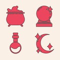 Set Moon and stars, Witch cauldron, Magic ball and Bottle with love potion icon. Vector Royalty Free Stock Photo