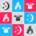 Set Moon and stars, Witch and Magician hat icon. Vector