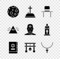 Set Moon, Tombstone with cross, Orthodox jewish hat sidelocks, Jewish torah book, Japan Gate, Christian chain, Masons