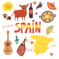 Set of more than 12Spanish symbols: bull, guitar, map, paella, wine, guitar, olive oil, castanetsmusic instrument, jamonSpanish Royalty Free Stock Photo