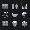 Set Mortar and pestle, Extraterrestrial alien face, Atom, Pie chart infographic, Notebook, Molecule, and Open icon