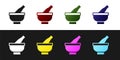 Set Mortar and pestle icon isolated on black and white background. Vector Royalty Free Stock Photo