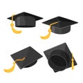 Set of mortarboard caps with golden tassels from different sides Royalty Free Stock Photo