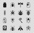 Set Mosquito, Cockroach, Larva insect, Dragonfly, Beetle bug, Centipede, Glass jar and Ladybug icon. Vector Royalty Free Stock Photo