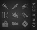 Set Mosquito, Off road car, Compass, Fishing rod, First aid kit, Matches, Cloud with rain and Syringe icon. Vector