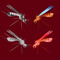 Set of mosquito silhouettes isolated on red background. Vector mosquito silhouettes. Aegypti flying mosquito. Zika virus Royalty Free Stock Photo