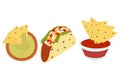 Set of 3 most popular Mexican dishes. Tacos, nachos and salsa sauce. Latin American food cuisine.