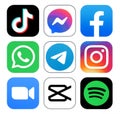 Set of Most Popular Mobile Apps in the World: TikTok, Messenger, Facebook, WhatsApp, Telegram, Instagram, Zoom, CapCut and Spotify Royalty Free Stock Photo