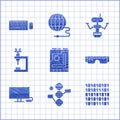 Set Motherboard, DNA symbol, Binary code, Smart glasses, Tv, Microscope, Robot and Keyboard and mouse icon. Vector Royalty Free Stock Photo