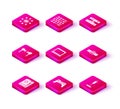 Set Motherboard, Gamepad, Air headphones, Laptop, Syringe, Smartwatch, Motion sensor and Binary code icon. Vector
