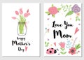 Set Mothers day cards love you mom printable design Decorative pink flowers Vecor