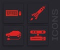 Set Motion sensor, Keyboard and mouse, Rocket ship with fire and Electric car icon. Vector