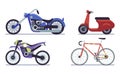 Set of moto bike. Bicycle, scooter, cross bike and chopper vector illustration on white background
