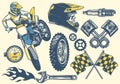Set of motocross objects in retro hand drawing style Royalty Free Stock Photo