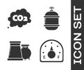 Set Motor gas gauge, CO2 emissions in cloud, Oil and gas industrial factory building and Propane gas tank icon. Vector Royalty Free Stock Photo