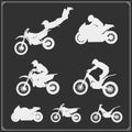 Set of motor sport silhouettes, labels and emblems. Motocross jumping riders, moto trial, moto freestyle and motor racing.