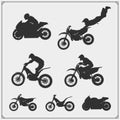 Set of motor sport silhouettes, labels and emblems. Motocross jumping riders, moto trial, moto freestyle and motor racing.