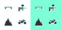 Set Motorcycle, Longboard skateboard, Mountains and Paintball gun icon. Vector