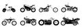 Set of motorcycle or motorbike, bike or extreme cycle. Retro street scooter and modern cruiser or moped. Collection