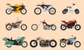 Set of motorcycle or motorbike, bike or extreme cycle. Retro street scooter and modern cruiser or moped. Collection