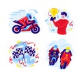 Set of motorcycle racing illustrations in a flat design. Motorcycle Racers, Start and Finish Flags. Vector illustration Royalty Free Stock Photo