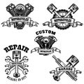 Set of motorcycle repair emblems. Motor, tools, piston. Design element for logo, label, emblem, sign, t shirt.