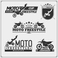 Set of motorsport silhouettes, labels and emblems. Motocross jumping riders, moto freestyle. Royalty Free Stock Photo