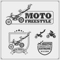 Set of motorsport silhouettes, labels and emblems. Motocross jumping riders, moto freestyle. Royalty Free Stock Photo