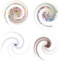 Set of mottled, multi color and colorful spiral, swirl, twirl shapes. Vortex, whorl shape with rotation, spin, coiling distortion
