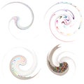 Set of mottled, multi color and colorful spiral, swirl, twirl shapes. Vortex, whorl shape with rotation, spin, coiling distortion