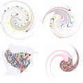 Set of mottled, multi color and colorful spiral, swirl, twirl shapes. Vortex, whorl shape with rotation, spin, coiling distortion