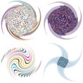 Set of mottled, multi color and colorful spiral, swirl, twirl shapes. Vortex, whorl shape with rotation, spin, coiling distortion