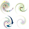 Set of mottled, multi color and colorful spiral, swirl, twirl shapes. Vortex, whorl shape with rotation, spin, coiling distortion