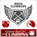 Set of mountain climbing vintage logos, emblems, silhouettes and design elements.