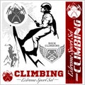 Set of mountain climbing vintage logos, emblems, silhouettes and design elements.