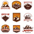 Set of mountain emblems. Hiking, tourism, extreme expedition. Design element for logo, label, sign, poster, card, t shirt.