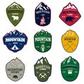 Set of mountain tourism, hiking emblems. Design element for logo, label, emblem, sign.