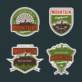 Set of mountain travel, outdoor adventure, camping and hiking vector colored emblems, stickers, labels, badges and logos