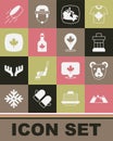 Set Mountains, Bear head, Inukshuk, Canada map, Bottle of maple syrup, Canadian leaf, Hockey puck and icon. Vector