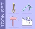 Set Mountains, Meteorology thermometer, Road traffic signpost and Wooden axe icon. Vector