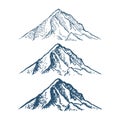 set of mountains peaks, vintage, old looking hand drawn, sketch, different versions for hiking, climbing. Vector