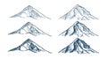 set of mountains peaks, vintage, old looking hand drawn, sketch, different versions for hiking, climbing. Vector