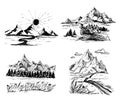 Set mountains sketch. Hand drawn vector illustration. Mountain travel, highlands range. Dot and line art. Rocky peaks