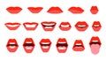 Set of mouth expressions on woman face. Closed and open mouth. Red lips, a smile, shiny teeth, protruding tongue. Communication,