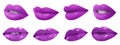 Set of mouths with beautiful makeup on background, banner design. Stylish violet lipstick